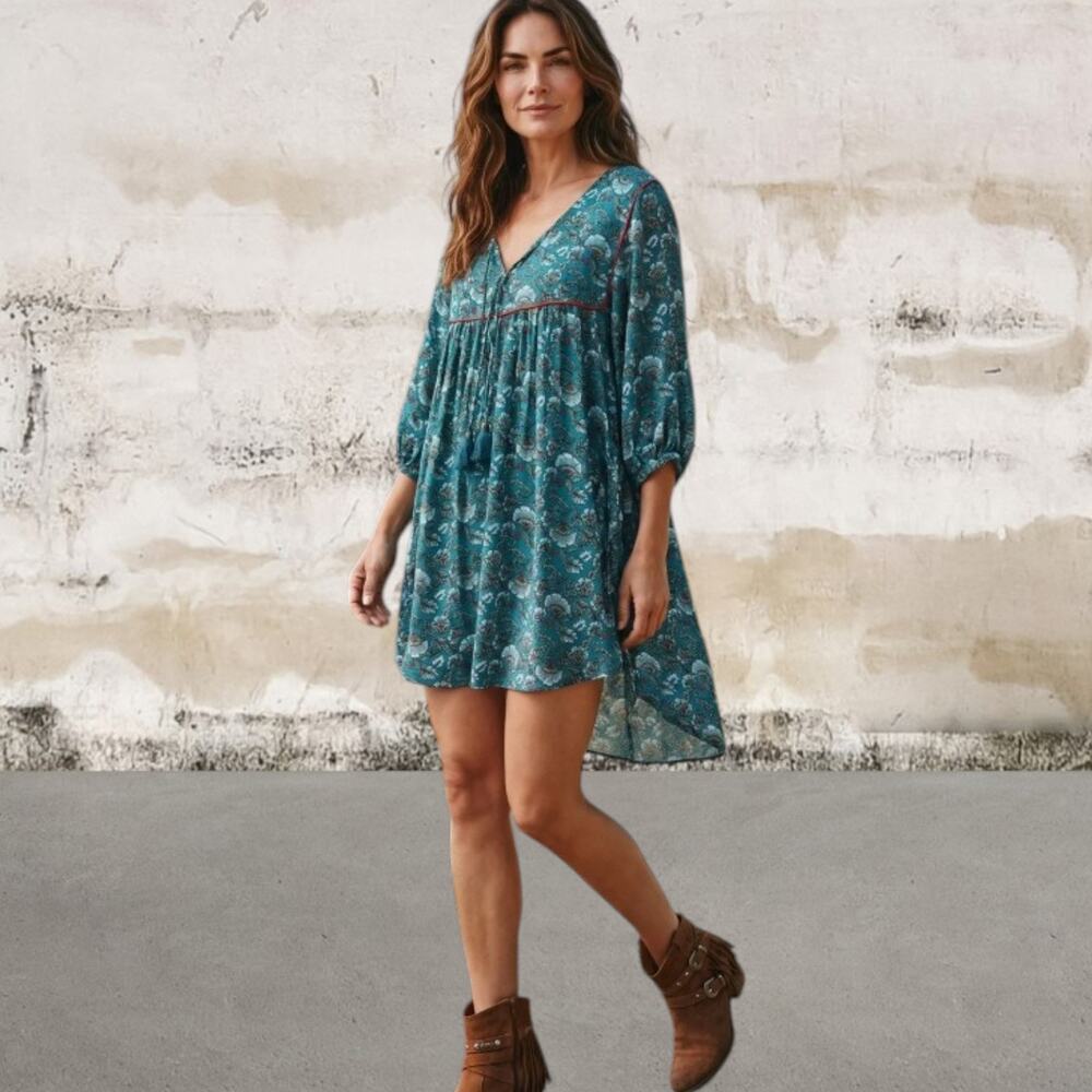 Band of the Free $99 Mallory Teal Floral Babydoll Mini Dress Size Small NWT